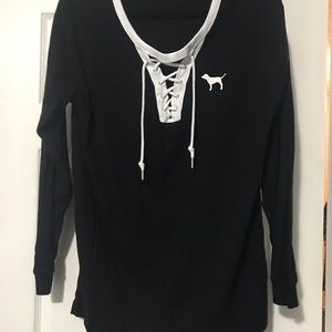 PINK lace front long sleeve shirt.  Size Medium.